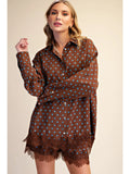 Brown and Blue Polka Dot Lace Trim Oversized Shirt and Shorts Set