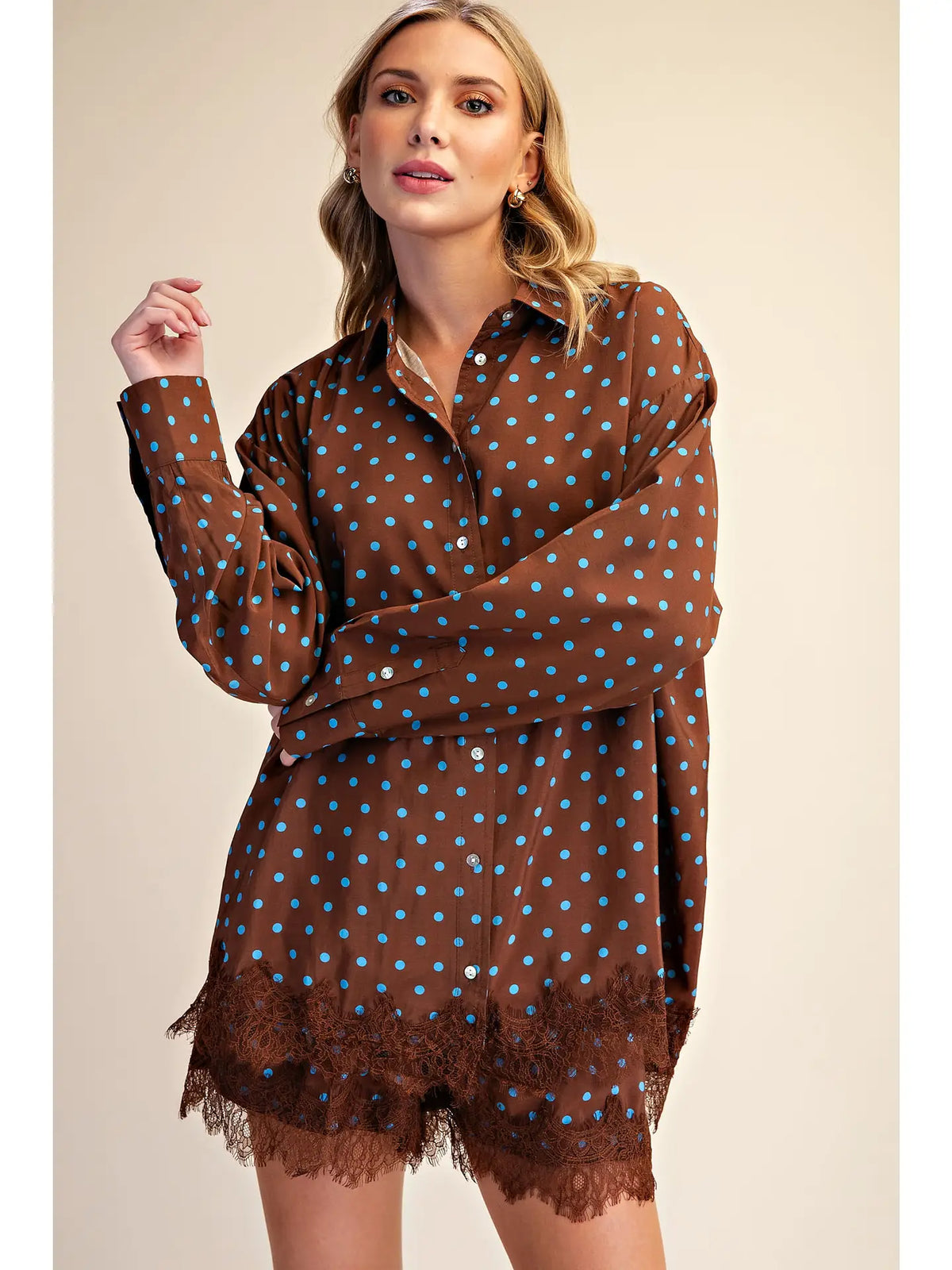 Brown and Blue Polka Dot Lace Trim Oversized Shirt and Shorts Set