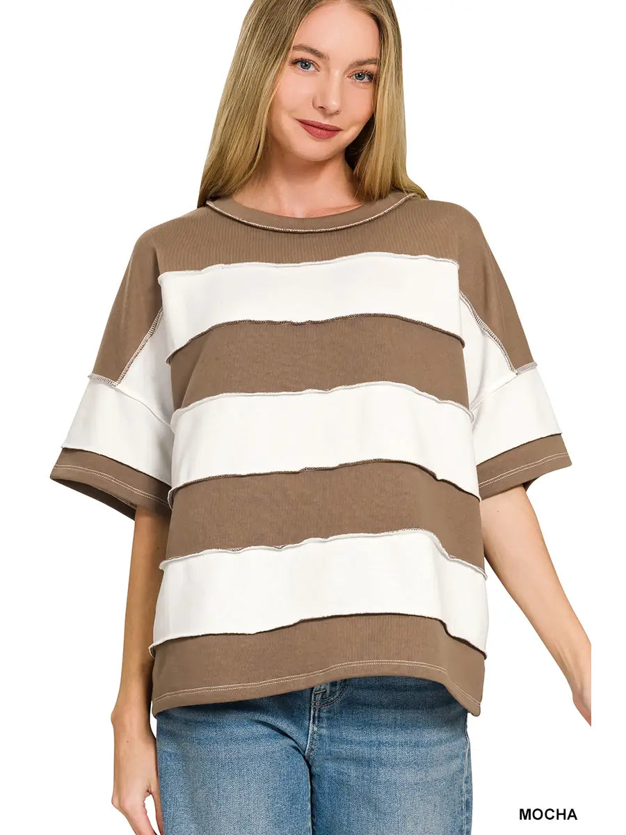 MOCHA French Terry Striped Exposed Seam Top