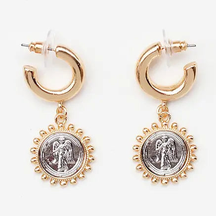 Gold Huggie Hoop with Silver Coin 1" Earring