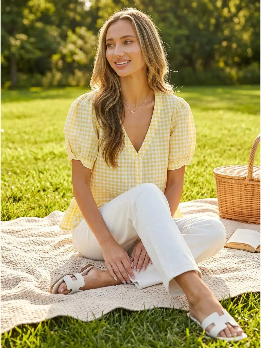 Yellow Gingham Short Puff Sleeves V-Neck Blouse Top