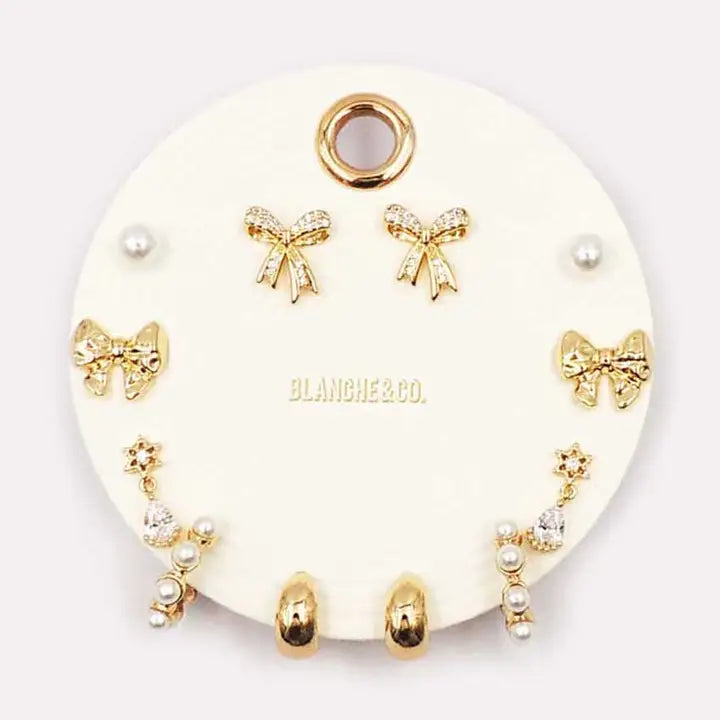 Set of 6 Pearl, Bow, and Hoops Stud Earrings