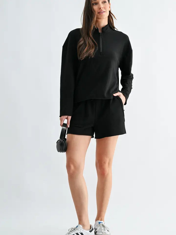 Offset Raw Edge Half-Zip Set in Black