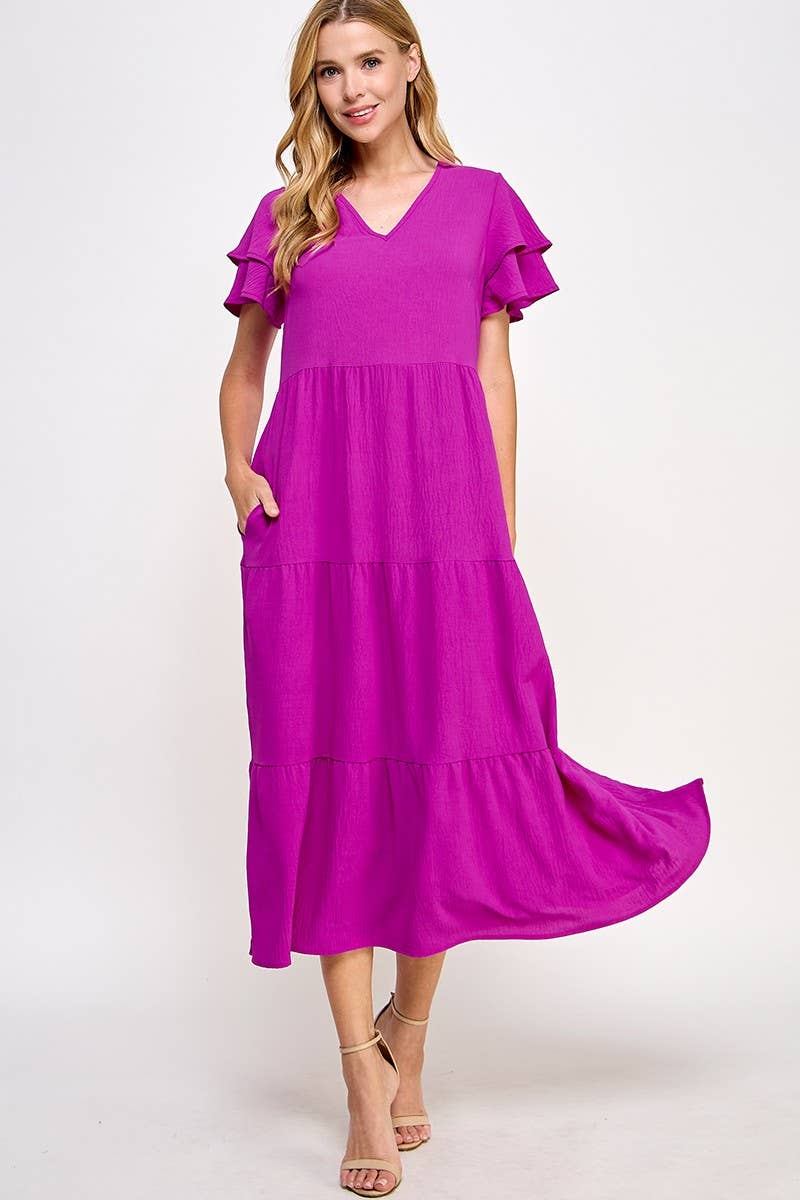 Magenta Solid Tiered Midi Dress
