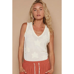 Cream V-Neck Star Patches Solid Tank Top