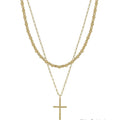 Two-layered gold-tone necklace featuring a beaded design and cross pendant, adjustable length from 16" to 18".