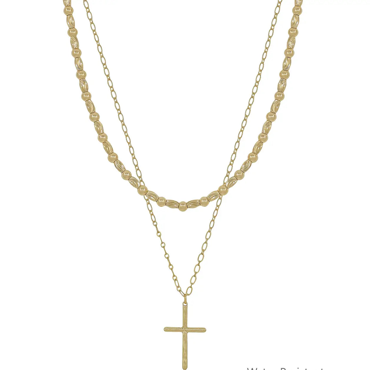 Two-layered gold-tone necklace featuring a beaded design and cross pendant, adjustable length from 16" to 18".