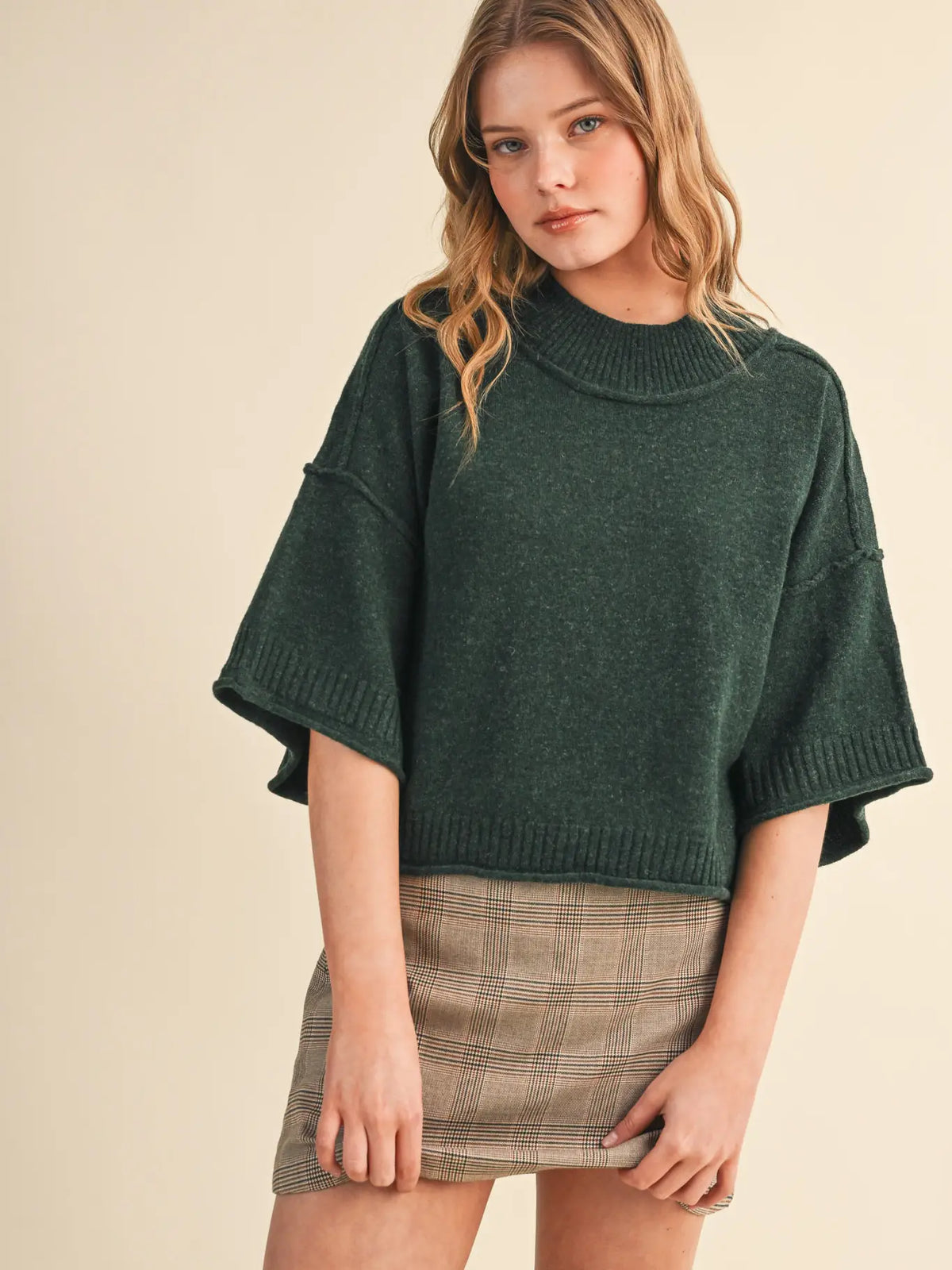 Hunter Green Marled Knit Mock Neck Short Sleeve Sweater