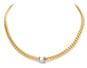 Gold Tight Link Chain with Clear Square Crystal 16"-18" Necklace