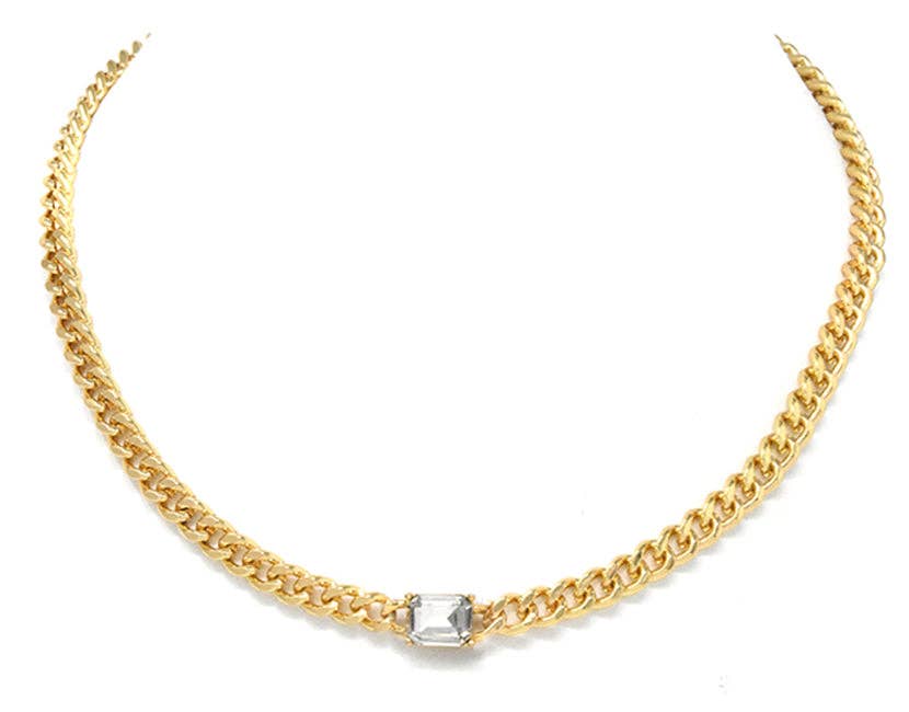 Gold Tight Link Chain with Clear Square Crystal 16