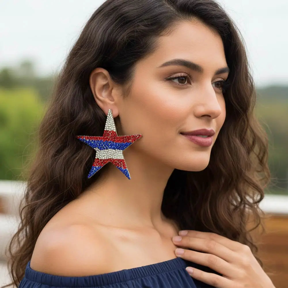 Oversized Bling Studded American USA Flag Star Earrings