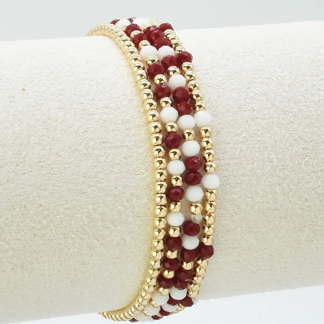 Set of 4 Maroon and White Glass Bead and Gold Stretch Bracelets, Great For Gameday!