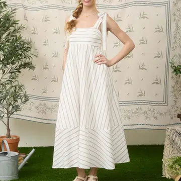 Brown Stripe Tie Strap Detail Empire Waist Midi Dress