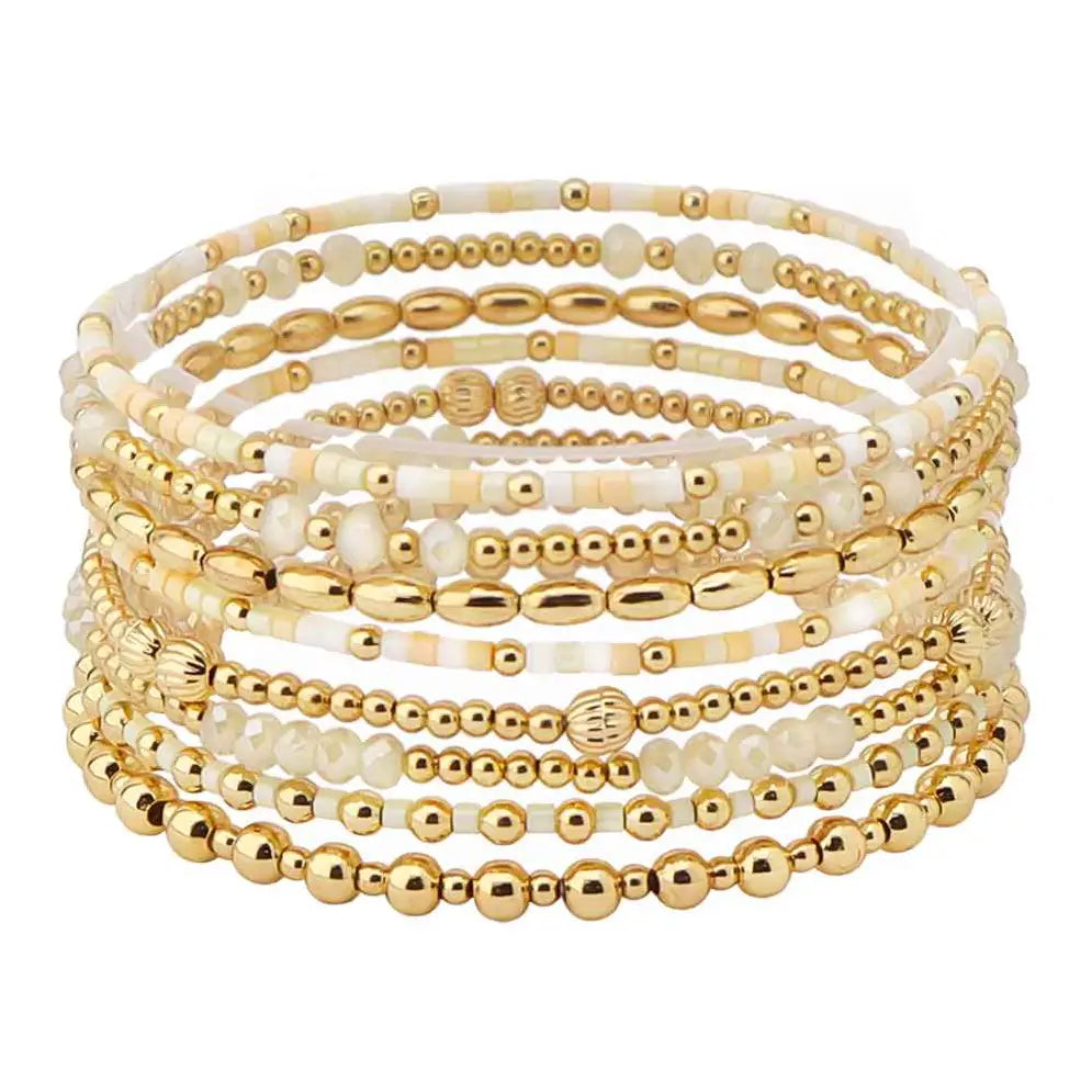 Natural Sead Bead and Gold Beaded Set of 9 Stretch Bracelet