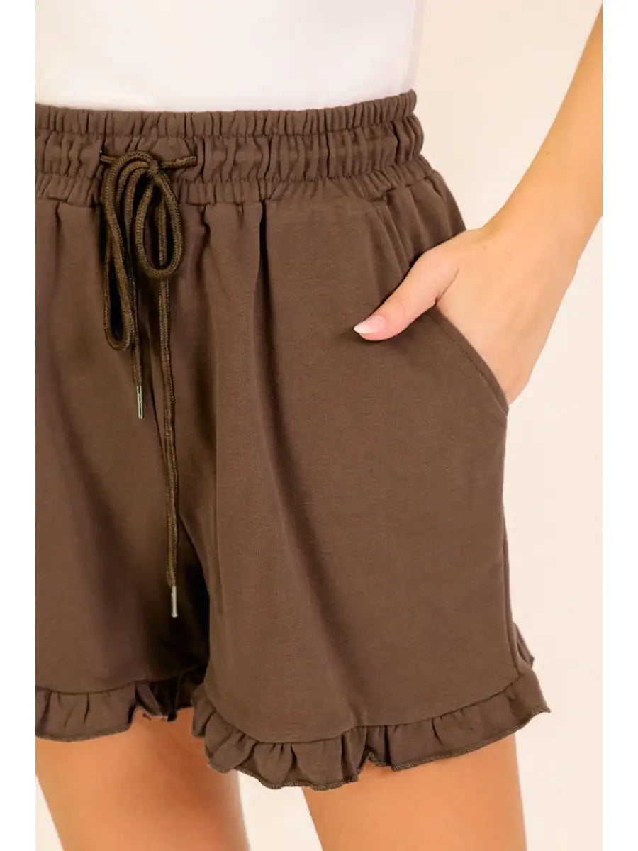 Brown French Terry ruffle hem  Shorts