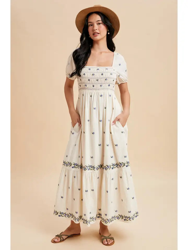 Buttercream Smocked Embroidered Maxi Dress