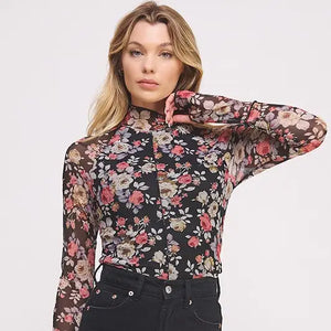 Mock Neck Long Slv Floral Print Stretchy Mesh Top