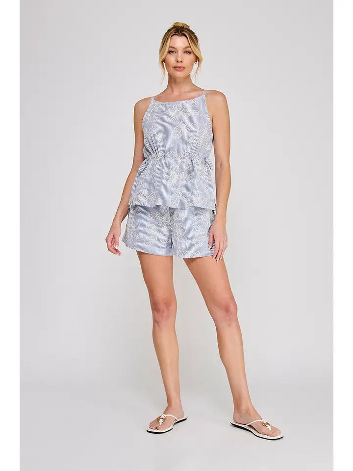 Embroidered Stripe Spaghetti Top and Shorts Set