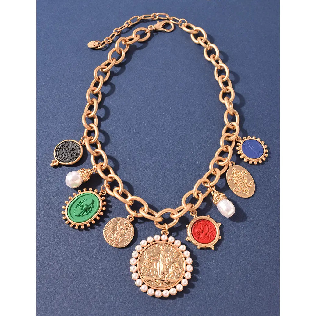 Vintage Coin & Pearl Charm Chain Necklace