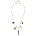 Gold and blue Florida Gators paper clip charm necklace featuring a heart and gator charm.
