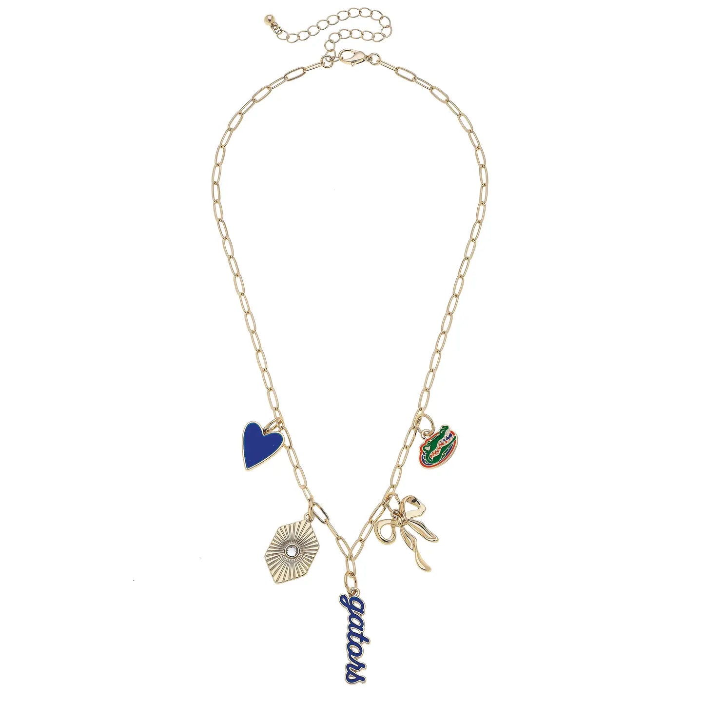 Gold and blue Florida Gators paper clip charm necklace featuring a heart and gator charm.