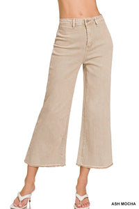 ACIDWASHED FRAYED HEM STRAIGHT DENIM PANTS IN SAND