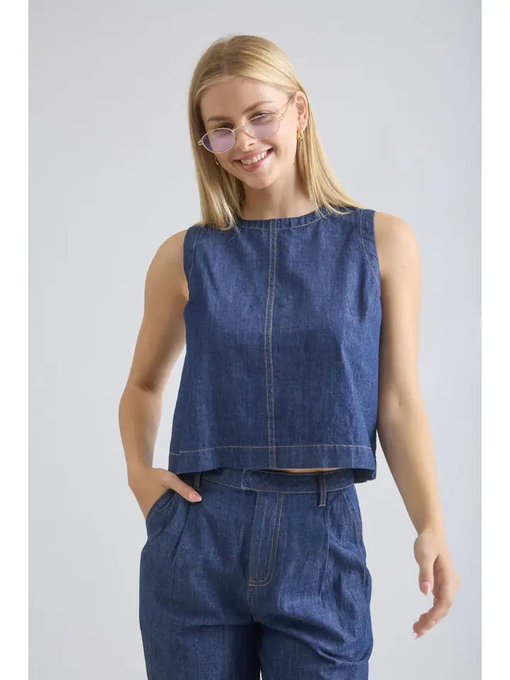 Juniors Dark Denim Top and Pleated Pant Set