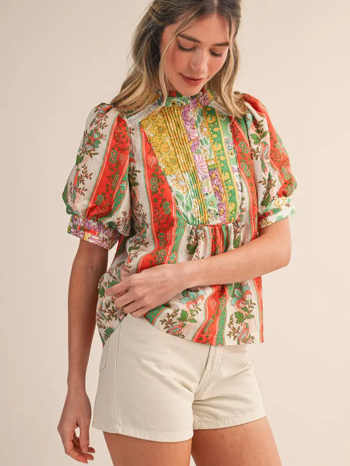 Orange Green Multi Border Print Pin Tuck Bib Top