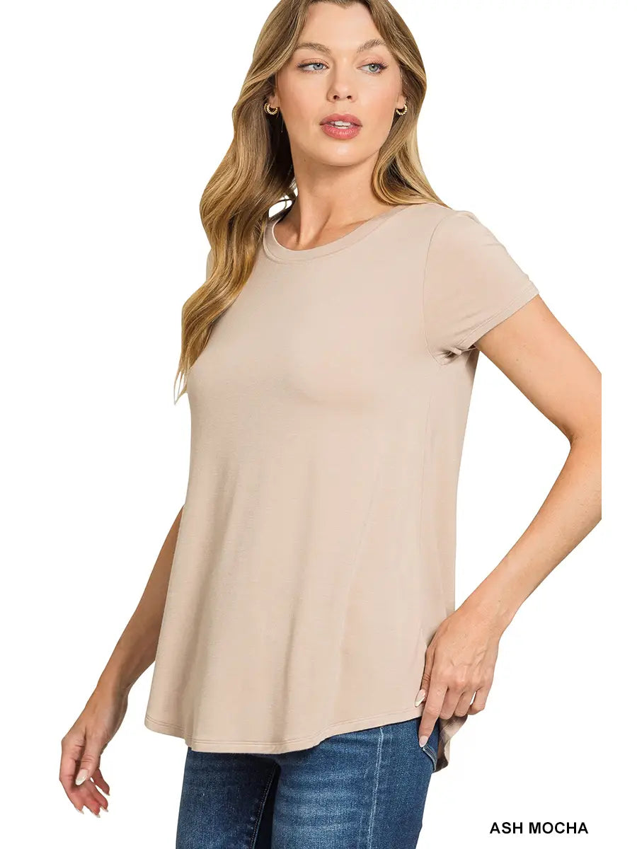 Ash Mocha Flowy Round Hem Rayon Short Sleeve Top