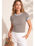 Brown and Blue Ribbed Contrast Trim Striped Crop Top