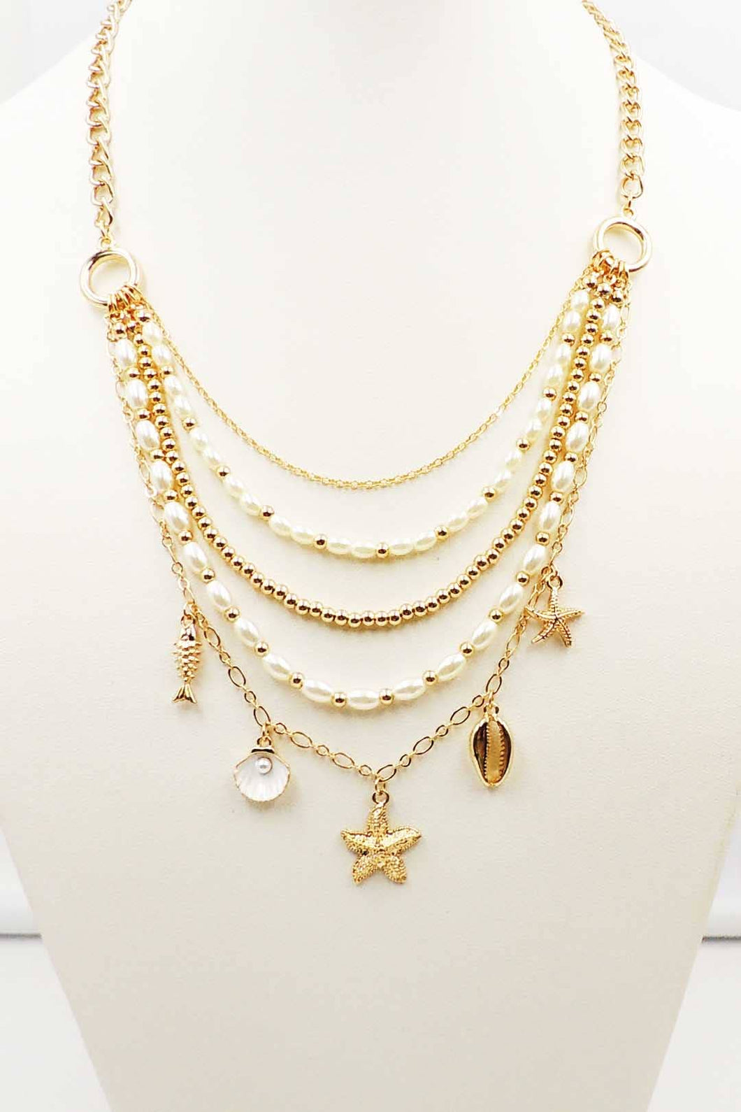 Gold Multi Chain Pearl and Sea Life Layered  16