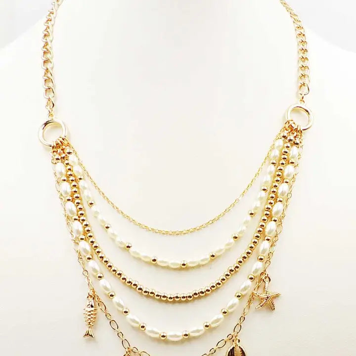Gold Multi Chain Pearl and Sea Life Layered 16"-18" Necklace