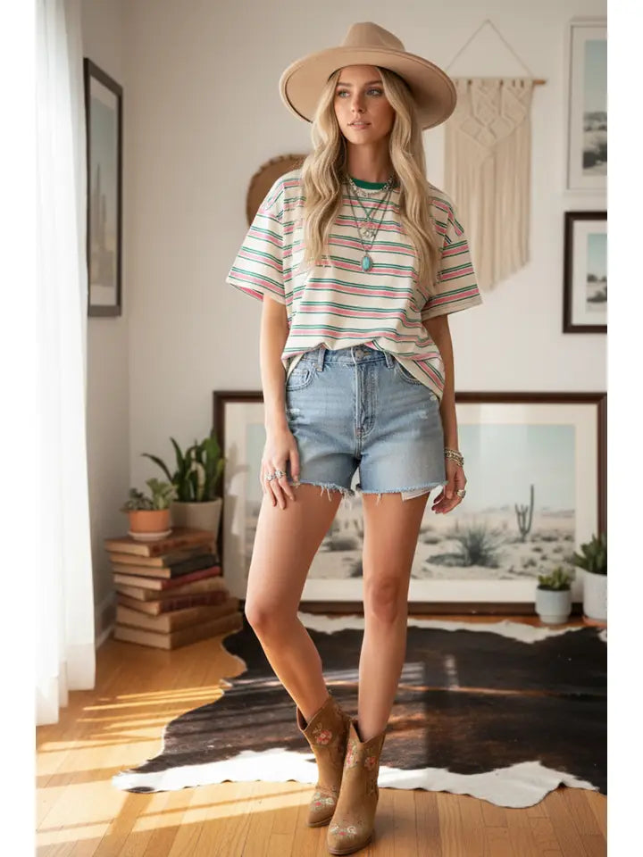 Cream and Pink Combo Striped Short Sleeve Relaxed Fit Knit Top