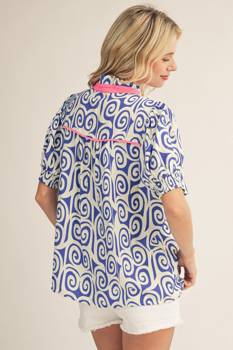 Pink and Royal Contrast Detail Swirl Print Top