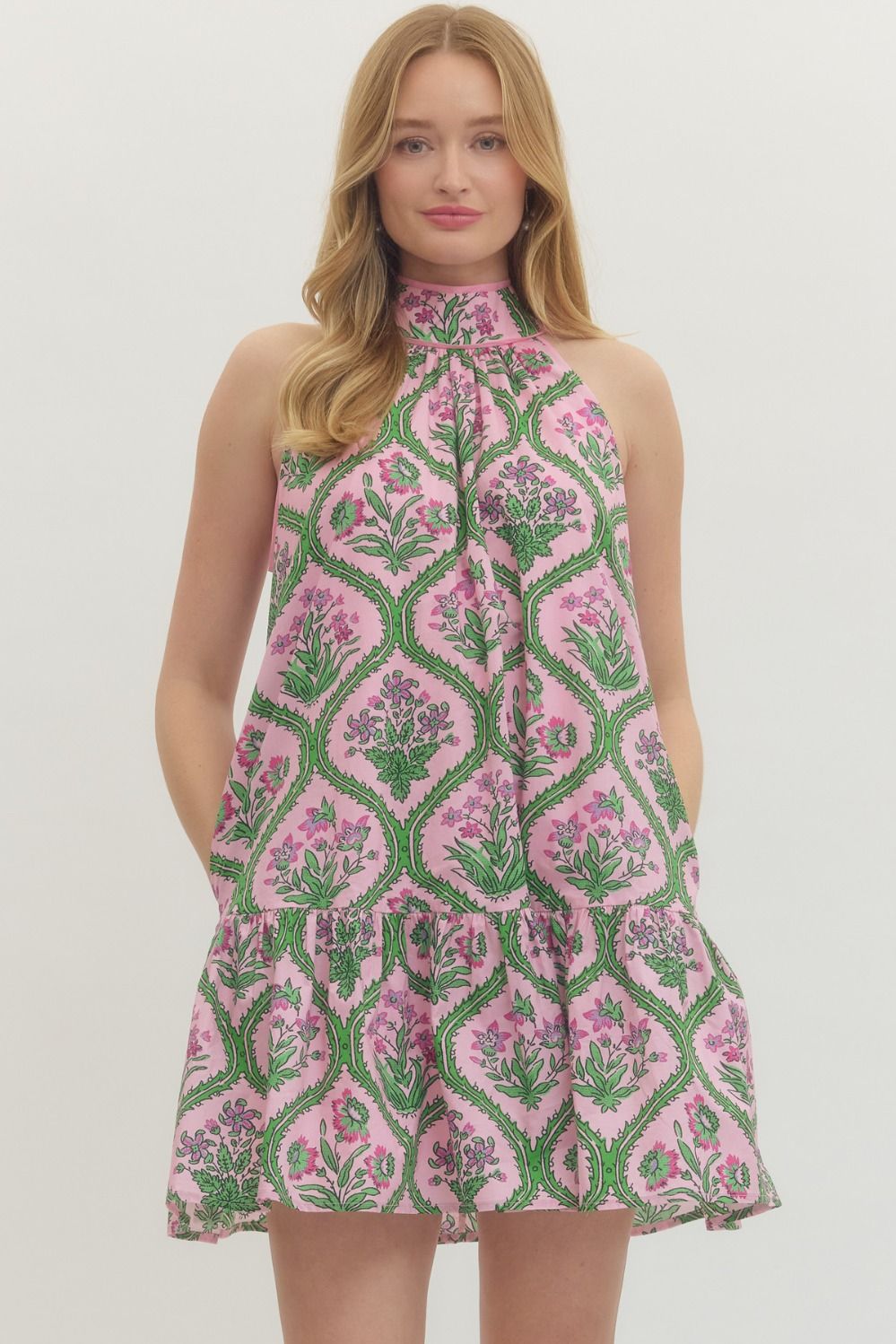 Pink Botanical Print Sleeveless Mini Dress