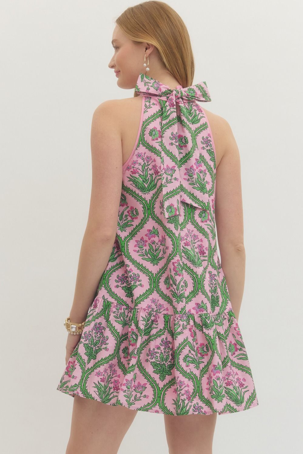 Pink Botanical Print Sleeveless Mini Dress