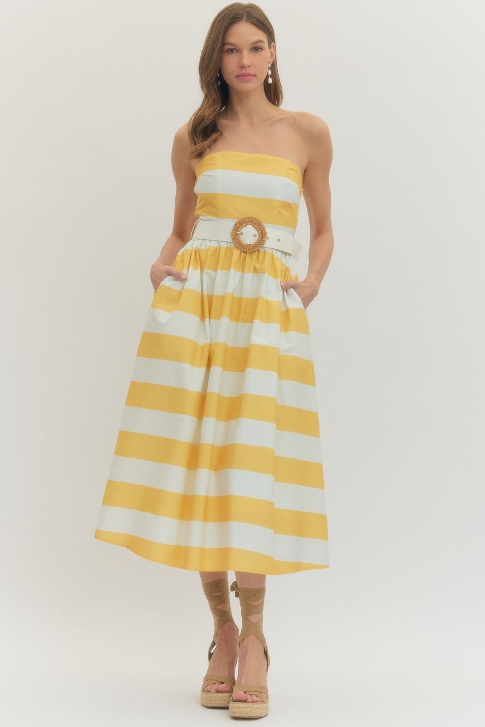 Yellow Striped Strapless Midi Dress