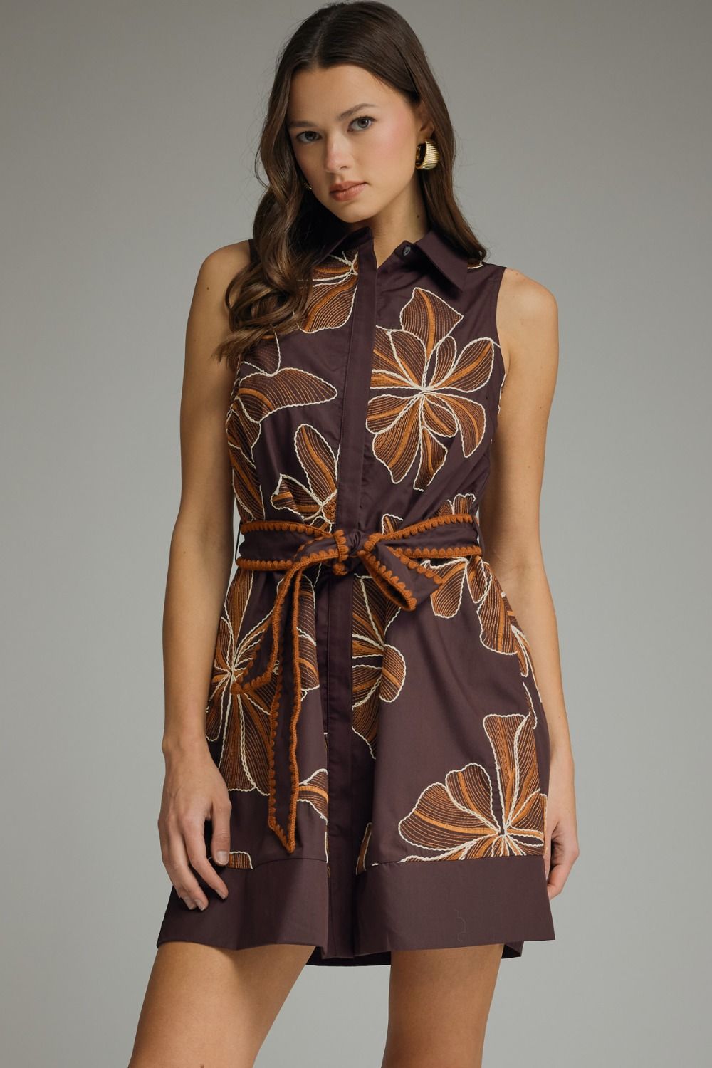 Brown Floral Embroidered Sleeveless Mini Dress