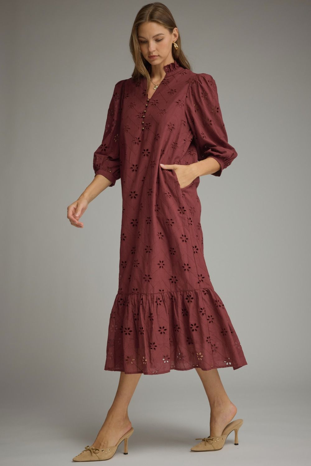 Floral Eyelet Embroidery Puff 3/4" Sleeve Midi Dress in Burgundy