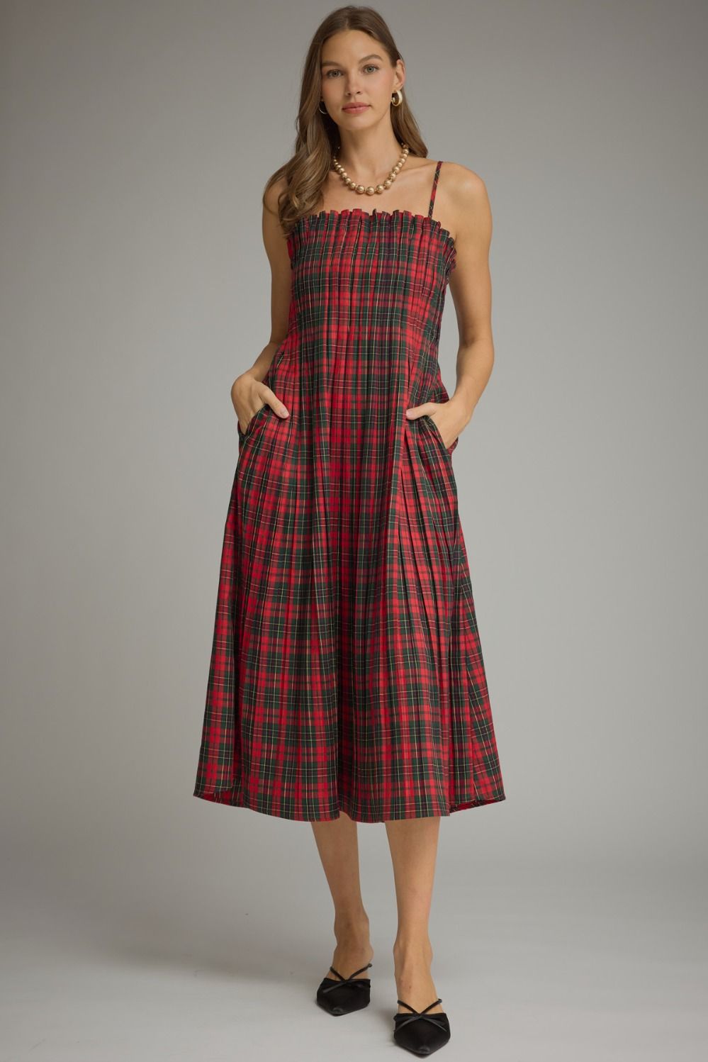 Red Tartan plaid sleeveless midi dress