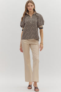 LEOPARD QUARTER ZIP TOP IN TAUPE