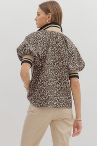 LEOPARD QUARTER ZIP TOP IN TAUPE