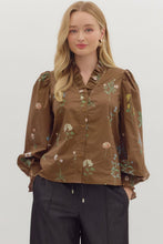 Load image into Gallery viewer, SMOCKED CUFF LONG SLEEVE  FLORAL COCOA TOP
