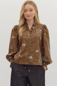 SMOCKED CUFF LONG SLEEVE  FLORAL COCOA TOP