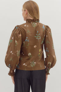 SMOCKED CUFF LONG SLEEVE  FLORAL COCOA TOP