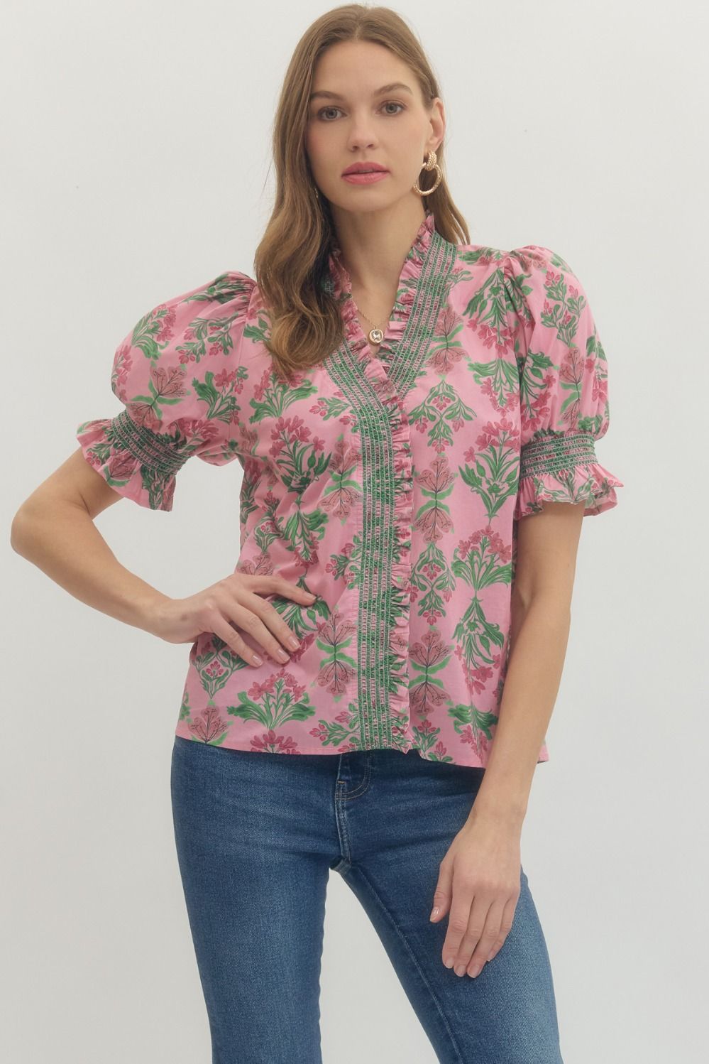 Pink Floral Short Puff Sleeve Top