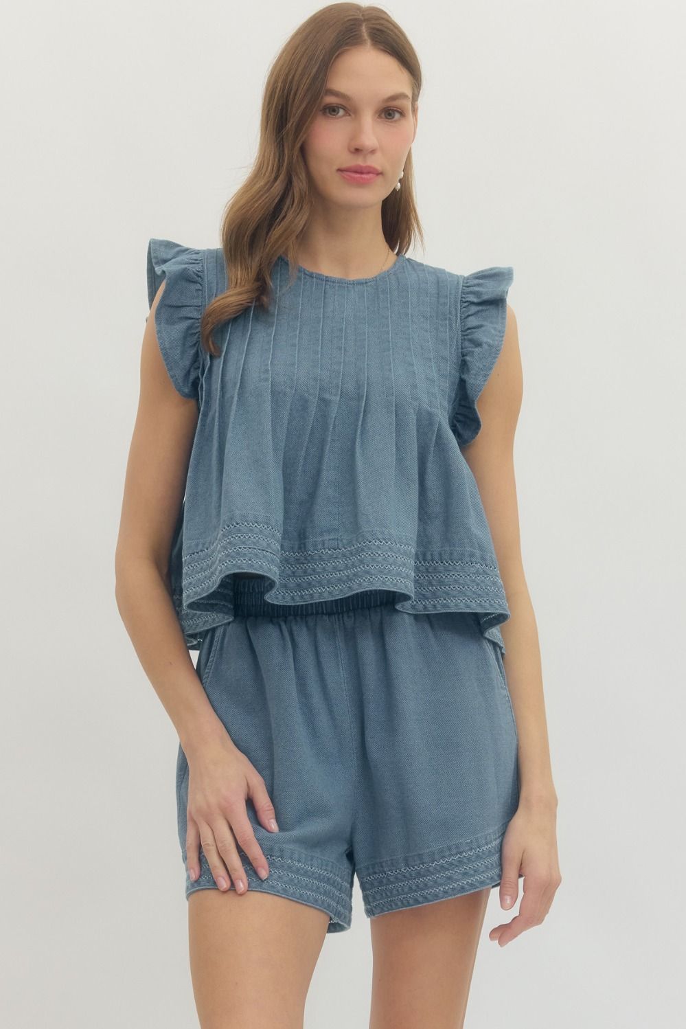 Denim Ruffle Sleeve Short Set