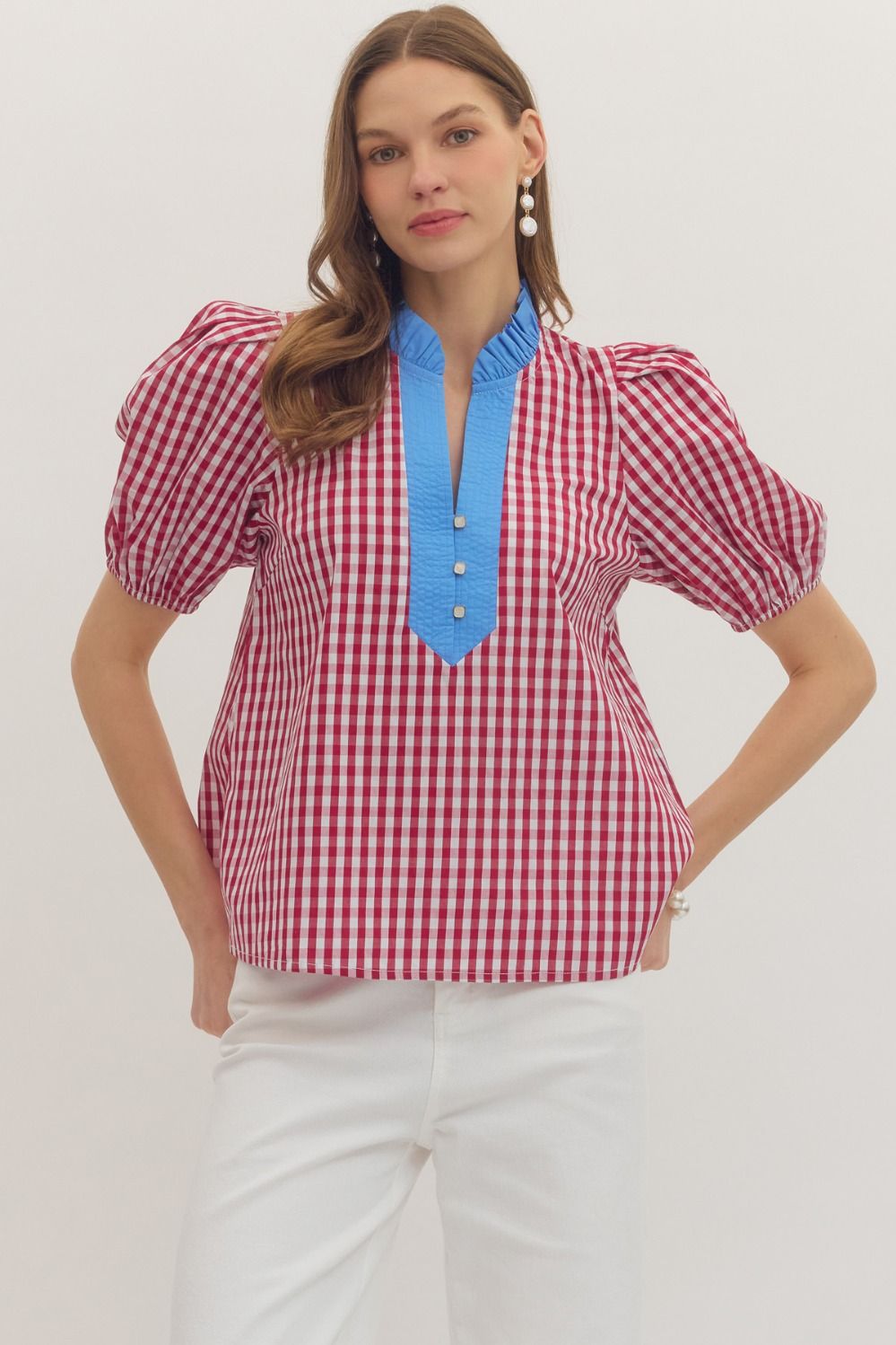 Red Gingham Short Puff Sleeve Top