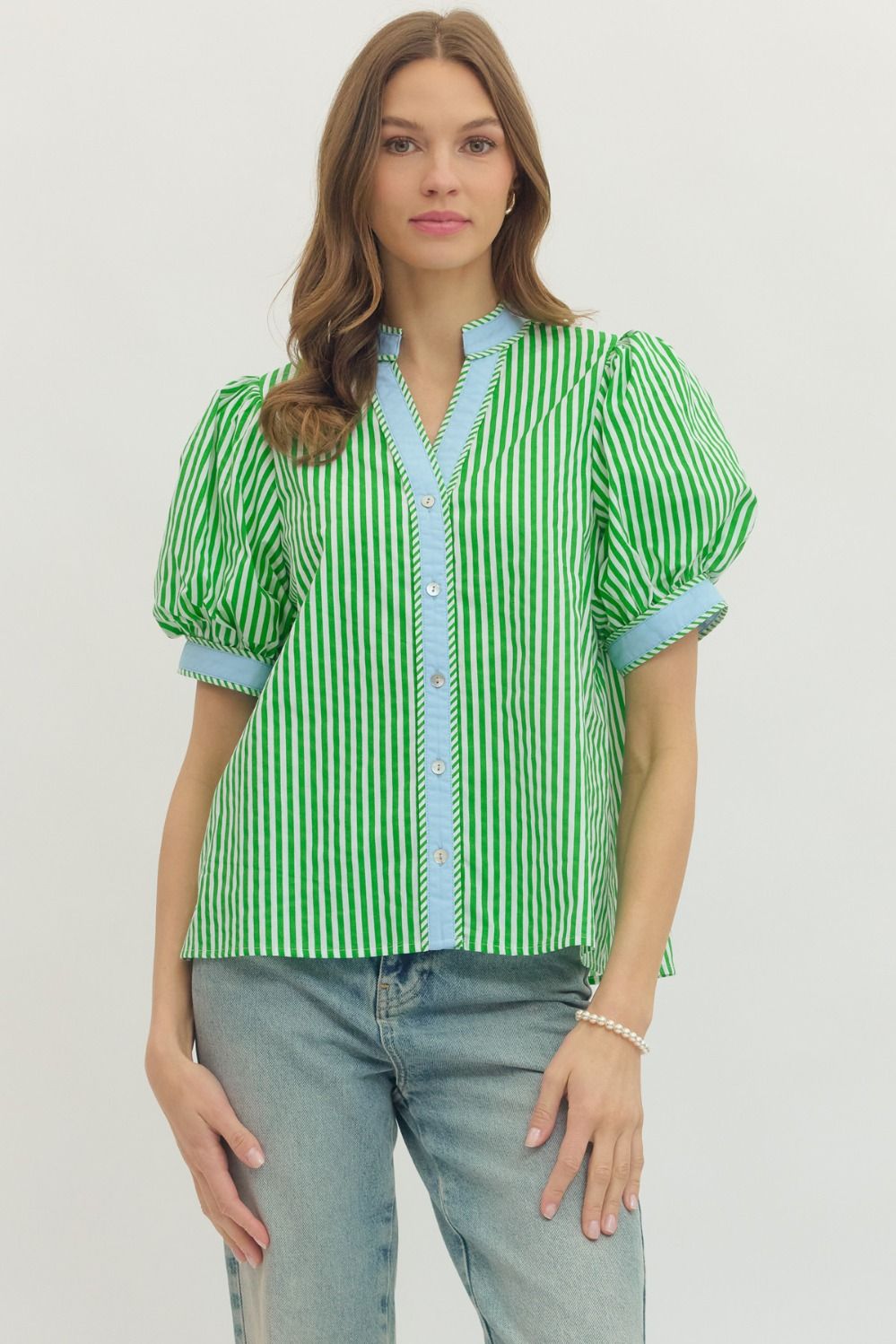 Contrast Stripe Puff Sleeve Top in Green