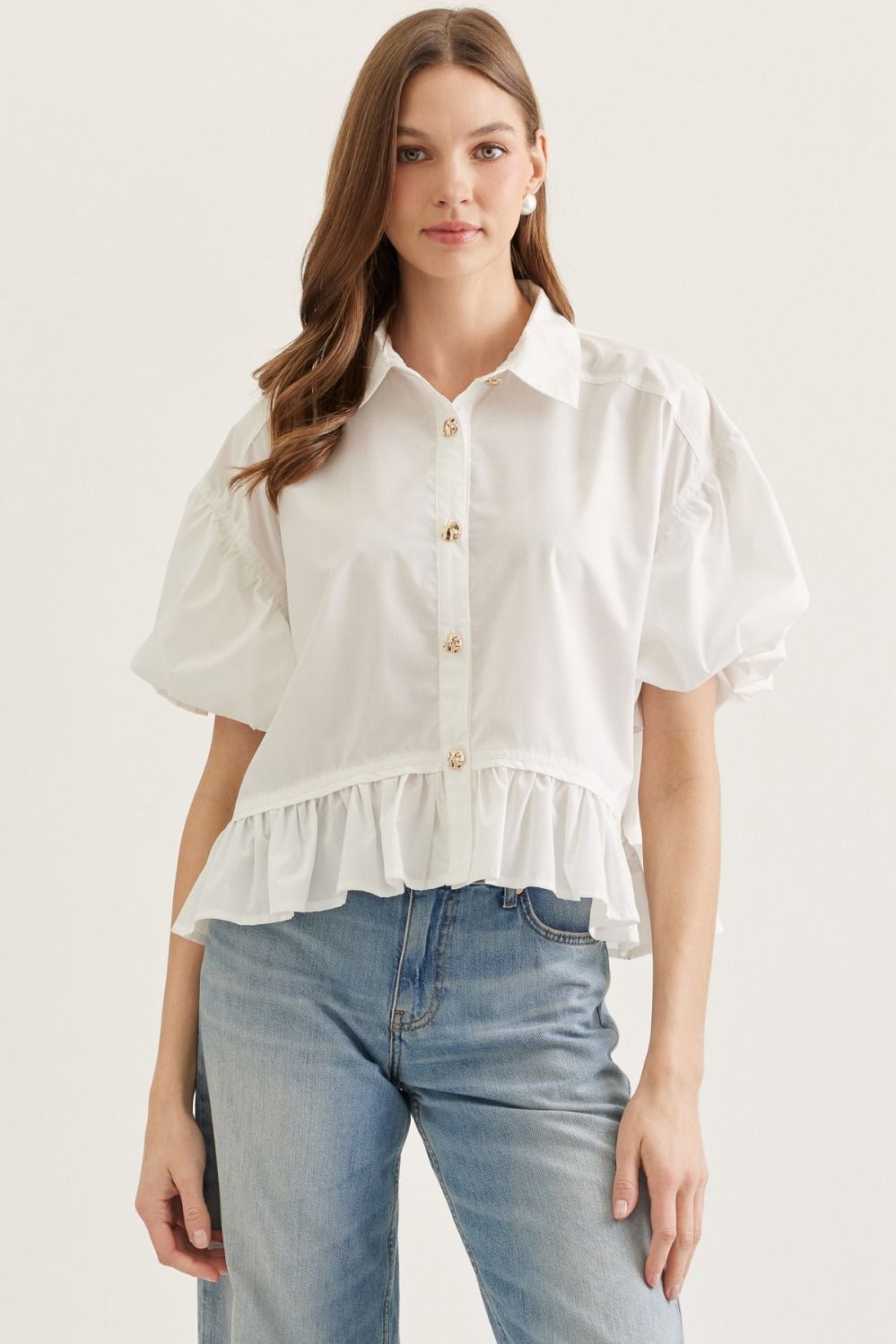 White Short Puff Sleeve Top Ruffle Hem Detail